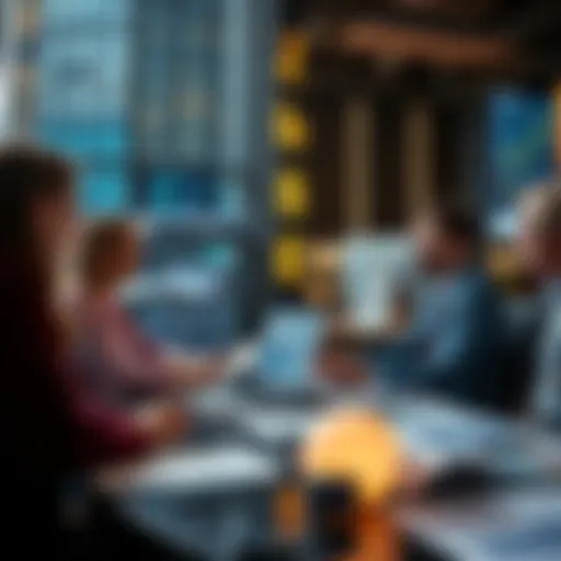 A group of financial analysts discussing Ethereum's role on Wall Street with charts and graphs on a table.