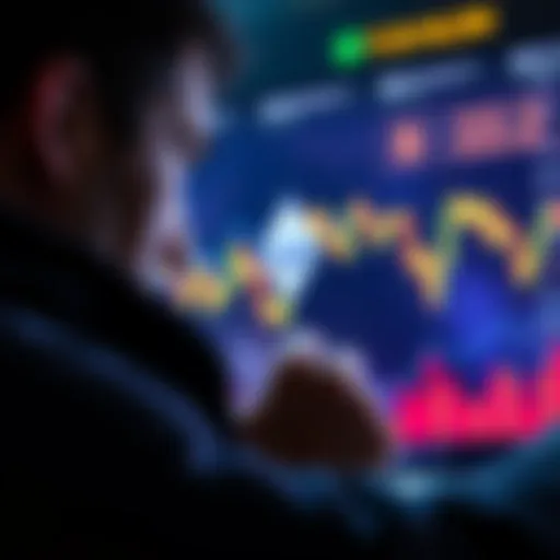 A person looking at a chart showing Ethereum price spikes, contemplating a big investment decision.