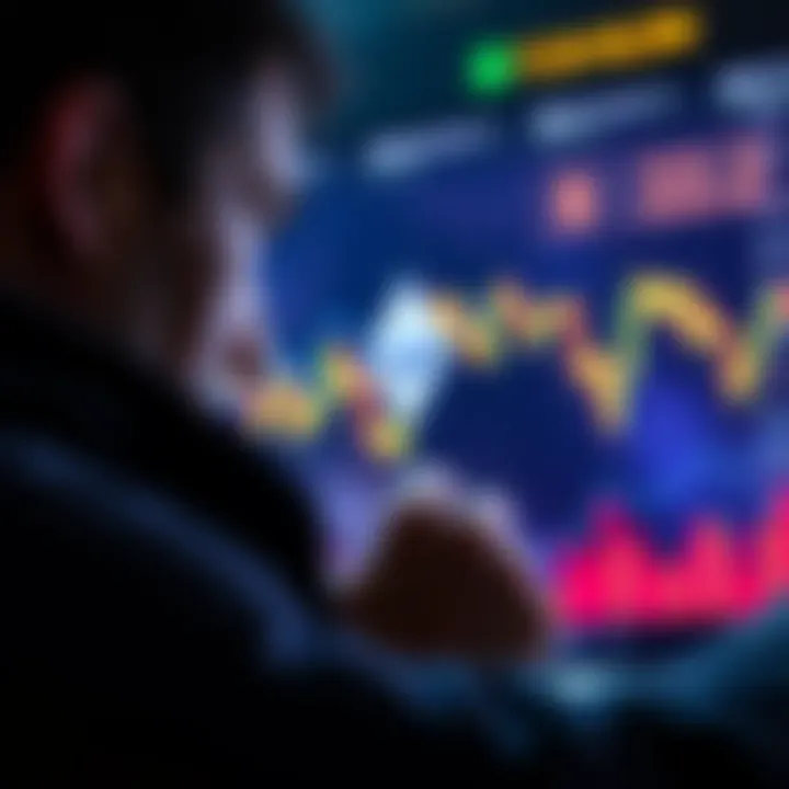 A person looking at a chart showing Ethereum price spikes, contemplating a big investment decision.