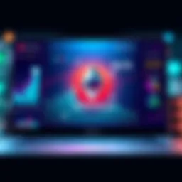 A creative representation of an Ethereum webpage showing investments that never lose value, with various graphs and positive indicators.