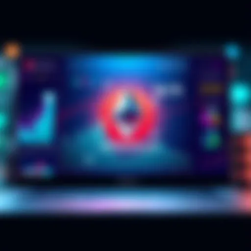 A creative representation of an Ethereum webpage showing investments that never lose value, with various graphs and positive indicators.