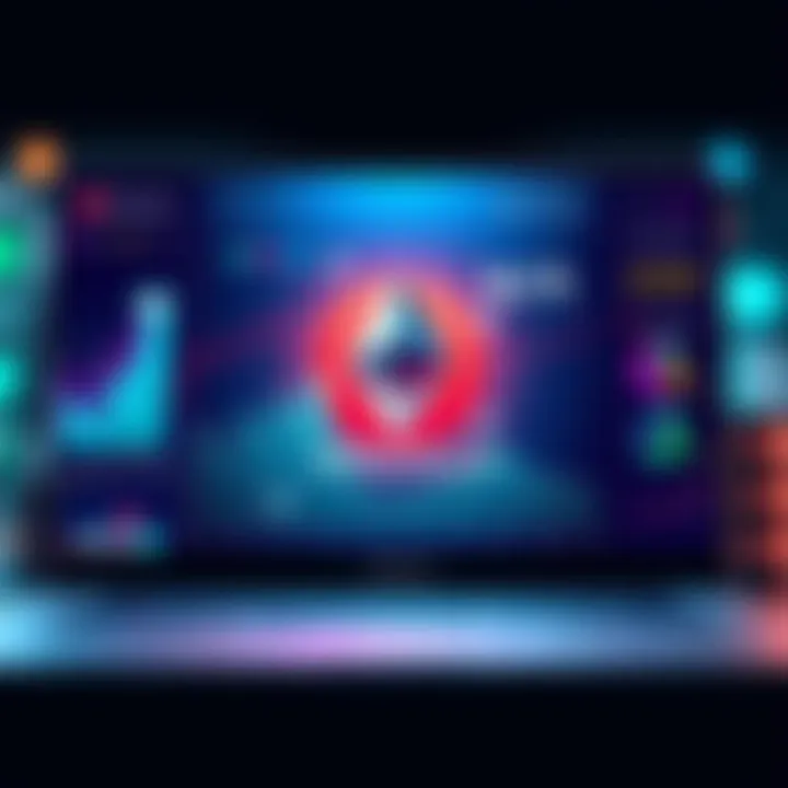 A creative representation of an Ethereum webpage showing investments that never lose value, with various graphs and positive indicators.