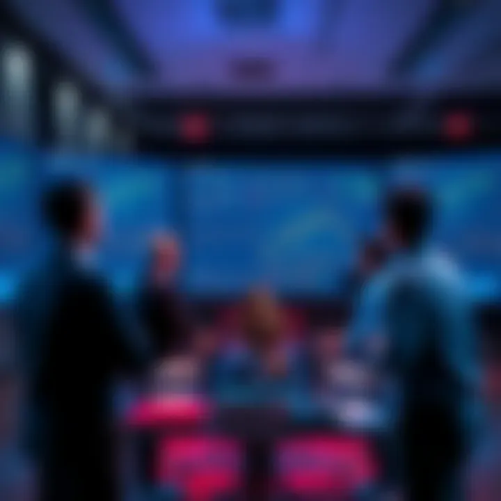 A group of institutional investors analyzing Ethereum trends on screens with charts and graphs in a modern office.