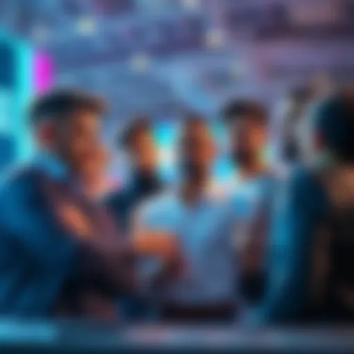 A group of diverse investors discussing Ethereum's price fluctuations, showing mixed emotions