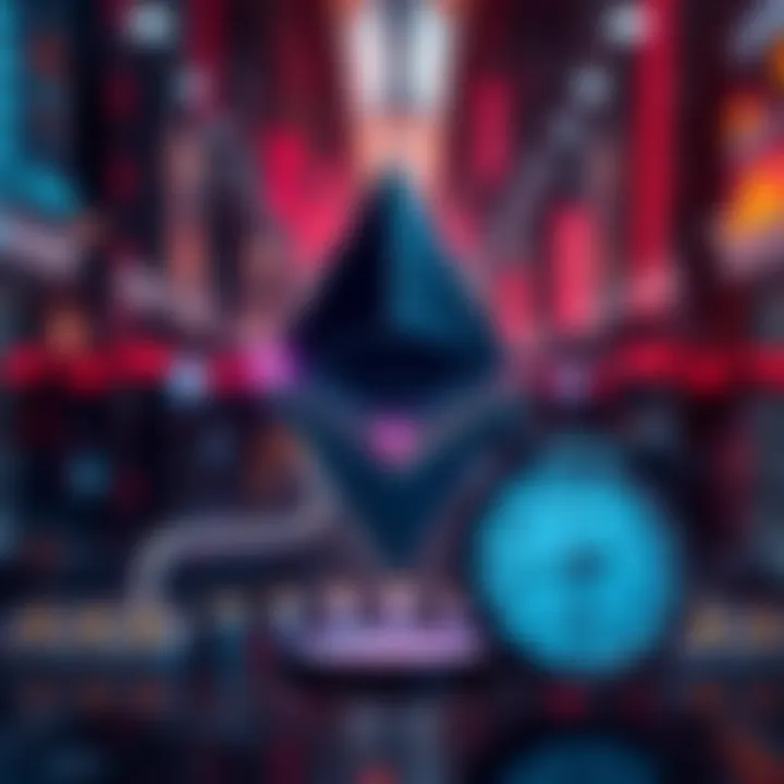 A graphic representation of the Ethereum logo with gas fees displayed and a clock symbolizing slow transaction speeds