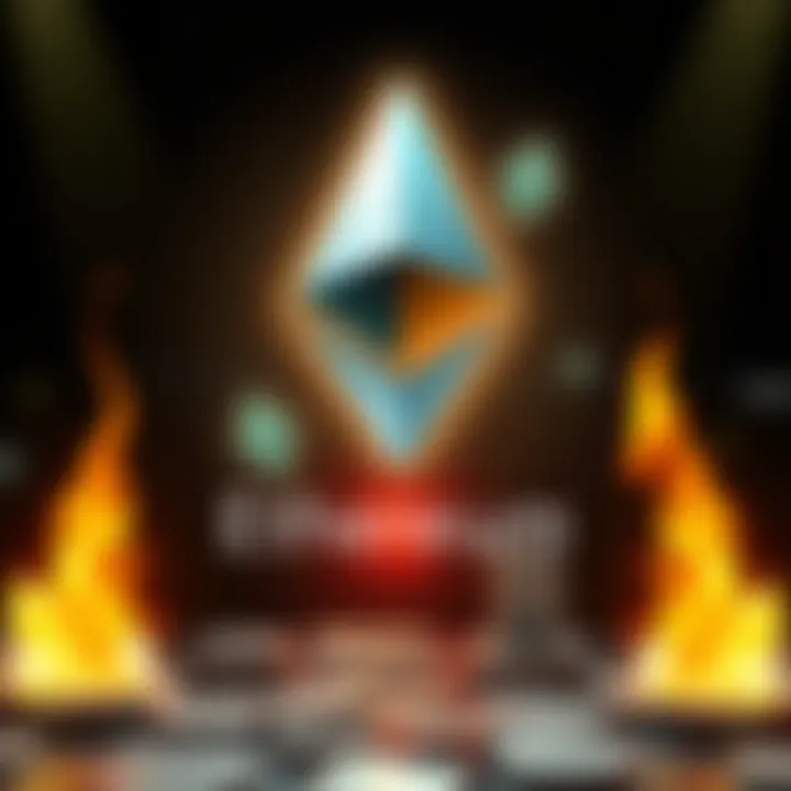 Illustration showing Ethereum logo with upward arrows indicating growth, alongside symbols of burning dollars to represent ETH deflation.