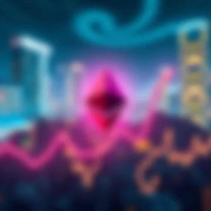 A digital representation of Ethereum's price graph showing an upward trend with a futuristic city background.