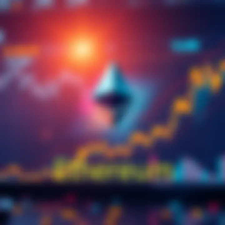 Ethereum logo with upward trend graph Ethereum logo with a graph showing rising prices and staking data