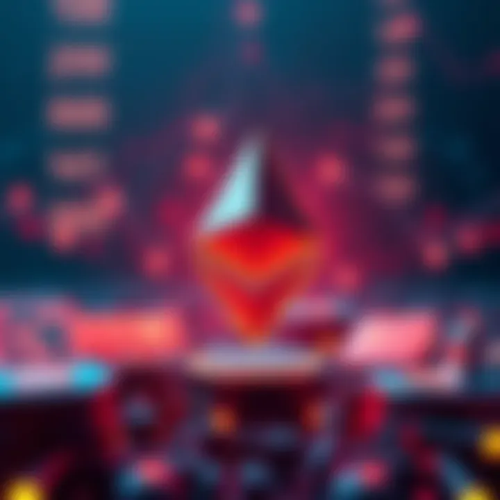 A graphic showing Ethereum symbol with price tags and tech icons representing technology.