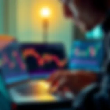 Ethereum Purchase Decision A close-up of a person contemplating a Ethereum purchase with a laptop showing price charts and a crypto wallet open.