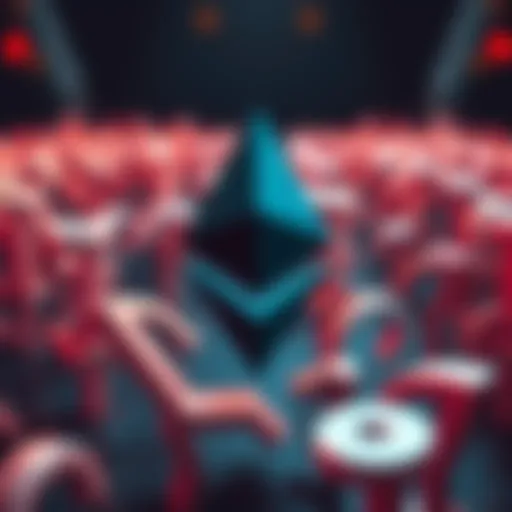 Ethereum logo surrounded by question marks, symbolizing uncertainty about its value as a settlement layer.