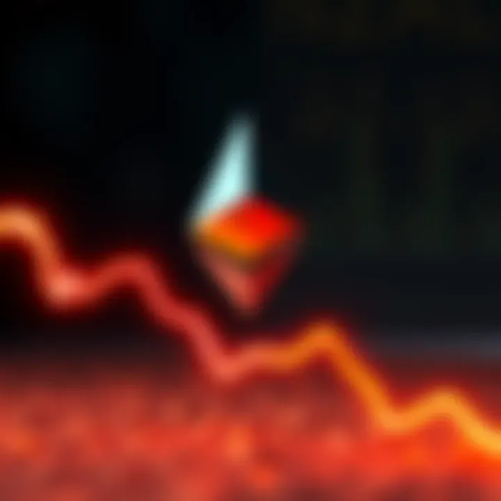 An Ethereum symbol against a background showing a downward trend line, indicating potential recession impact on cryptocurrency.
