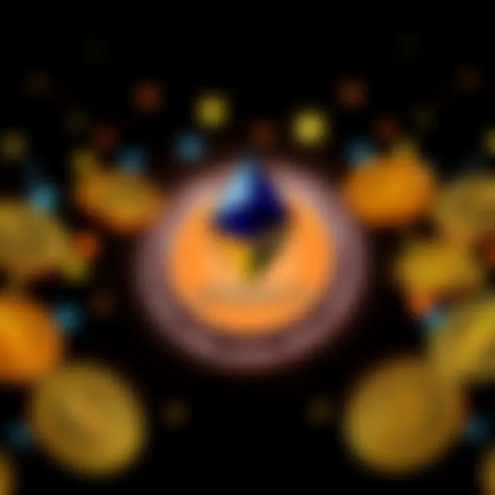 Ethereum logo surrounded by stablecoin symbols, representing potential price growth