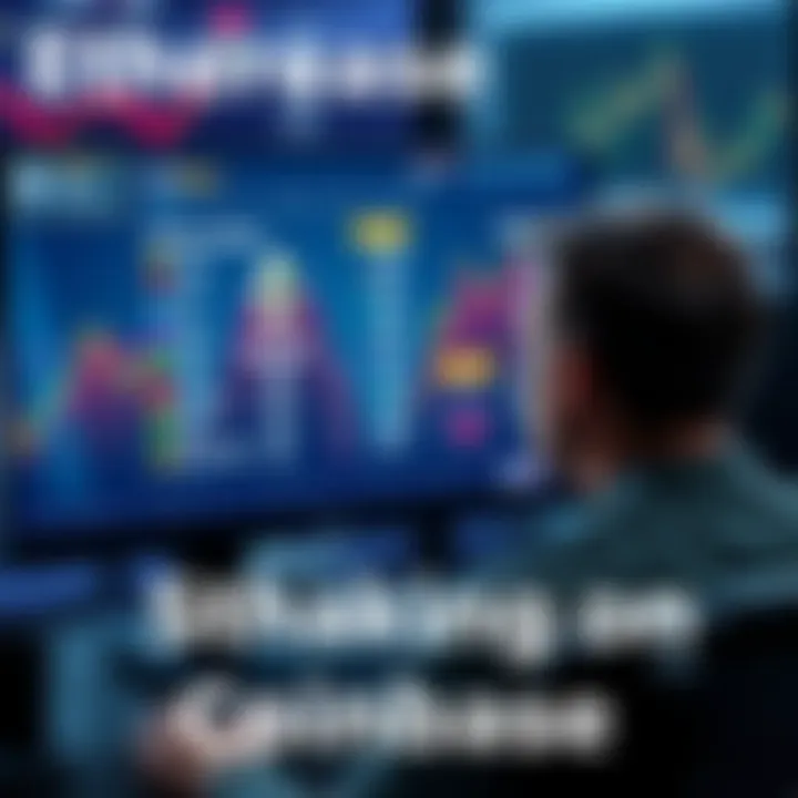 A person looking at a computer screen showing Ethereum staking options on Coinbase, with financial graphs in the background