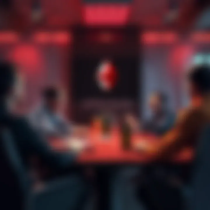 A group of Ethereum advocates discussing aggressive strategies to dominate traditional finance tokenization in a meeting room