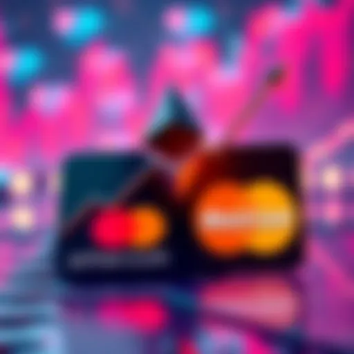 Ethereum symbol with a rising graph, indicating its growth over MasterCard's logo, reflecting a booming cryptocurrency market.