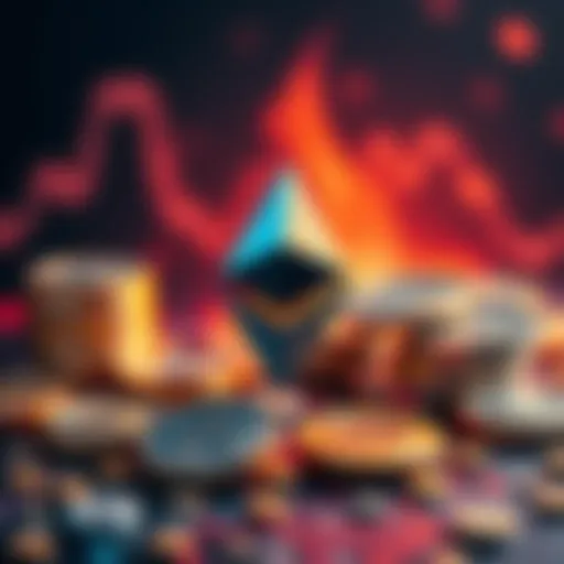 A graphic showcasing the Ethereum symbol with digital coins representing decentralized finance.