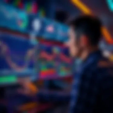 Individual looking at computer screens showing Ethereum trading charts and graphs, considering trading options versus long-term holding strategy