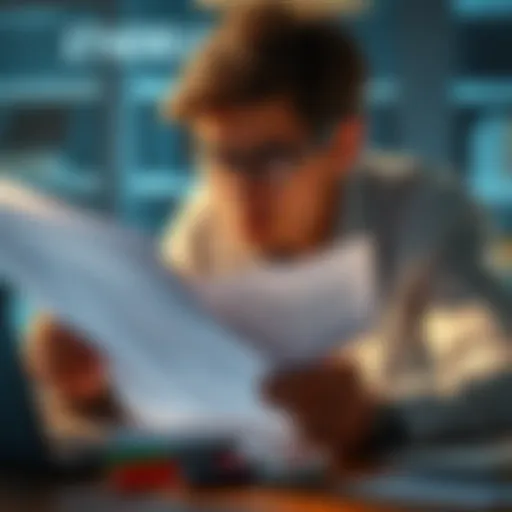 A person looking stressed while reviewing Ethereum transaction records and tax documents at a desk.