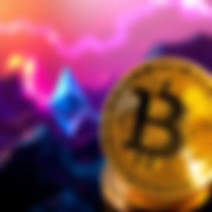 Illustration showing Ethereum symbol with a vibrant background representing innovation and energy, alongside Bitcoin symbol depicted as gold, highlighting the contrast between value exchange and store of value.