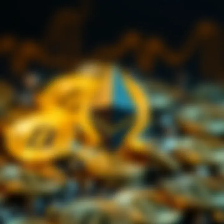 The Ethereum logo prominently displayed with Bitcoin symbols fading in the background, representing the competition and growth between the two cryptocurrencies.
