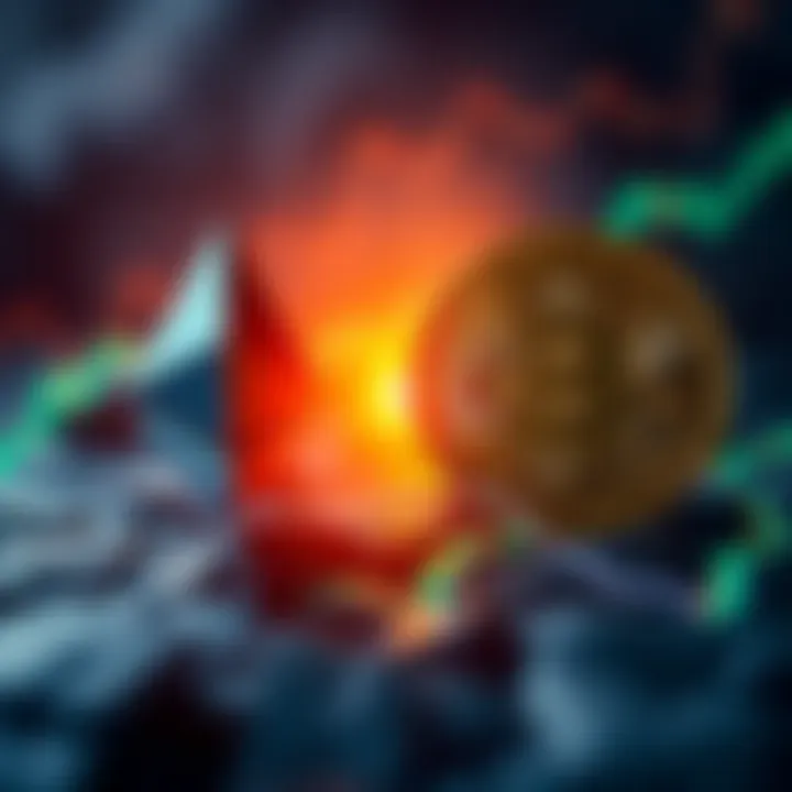 A visual comparison of Ethereum and Bitcoin with Ethereum depicted as more volatile, showing fluctuating graphs, while Bitcoin appears more stable with consistent growth patterns.