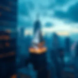 A visual representation of Ethereum's influence on financial markets, featuring a city skyline with digital currency visuals and Wall Street symbols