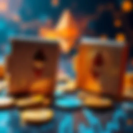 Two Ethereum wallets transferring funds with digital currency graphics