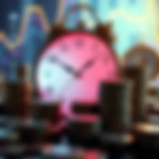 Visual representation of Ethereum network delays with a clock and stacks of coins, symbolizing the $3 billion locked in transactions.