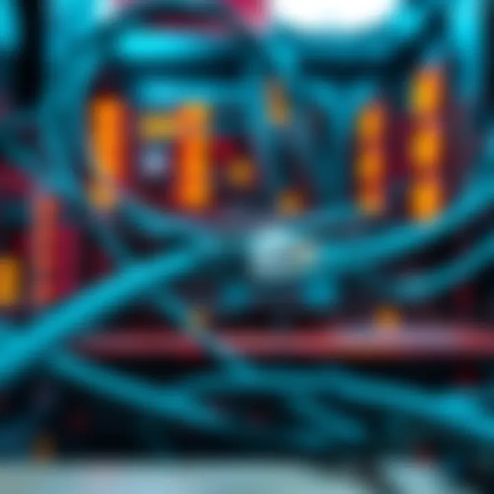 A setup showing multiple miners connected with ethernet cables to optimize internet connectivity.