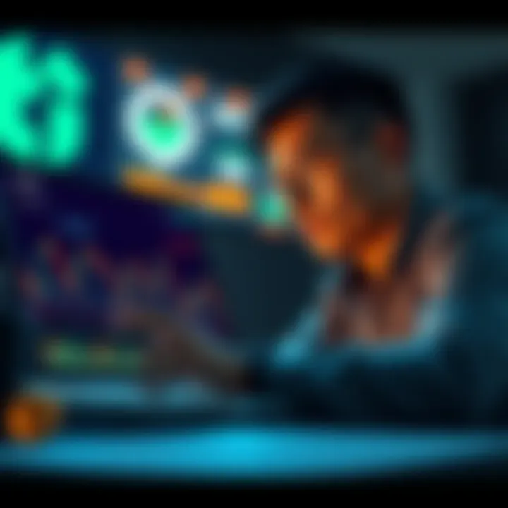 A person analyzing the Ethfi coin market trends on a laptop, looking thoughtful about investment choices.