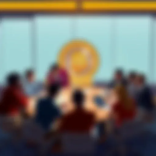 A group of diverse people discussing how to launch a coin fairly at a round table with charts and notes