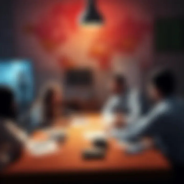 A group of people discussing at a table with maps, betting slips, and war-related imagery in the background, highlighting the moral questions around profiting from conflict.