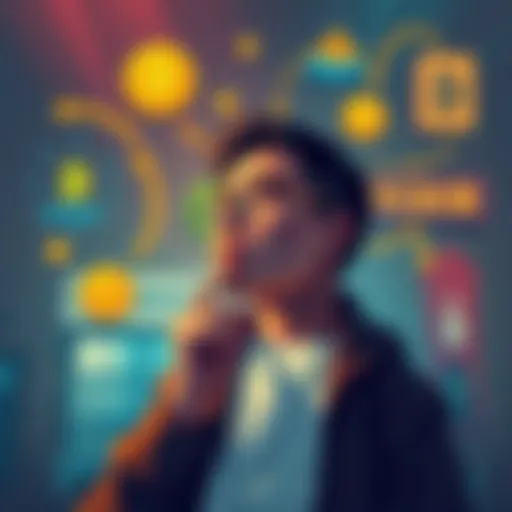 A person pondering investment options, with symbols of Bitcoin and local businesses in the background.