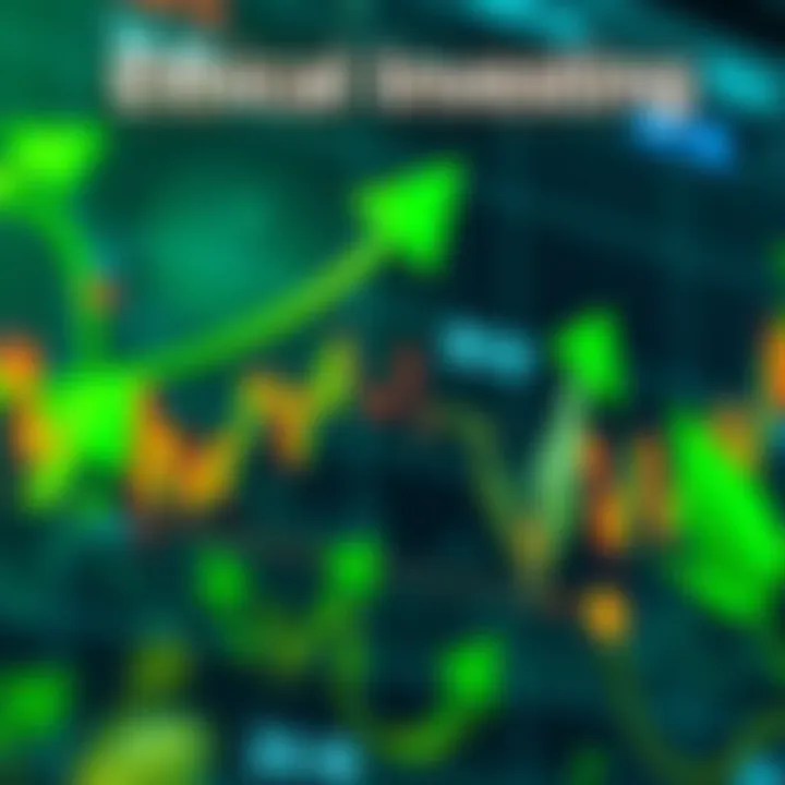 A stock market chart with green upward arrows and leaves, symbolizing ethical and environmentally friendly investments.