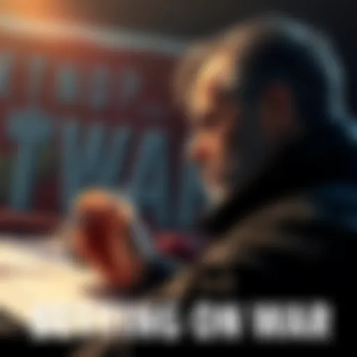 A person contemplating a betting slip with war symbols in the background, reflecting on the morality of wagering on conflict outcomes.