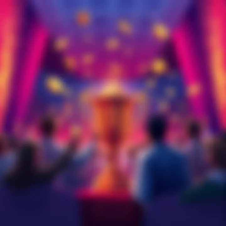 Illustration showing winners and rewards from EthTrader Contest Round 159 with a trophy and community members celebrating