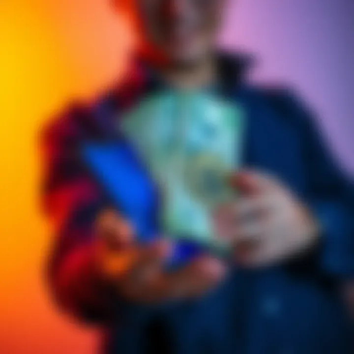 A person presenting a stack of cash and a smartphone with a cryptocurrency app, symbolizing new financial regulations.