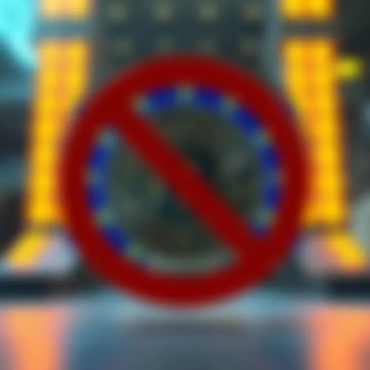 A graphic showing a cryptocurrency symbol with a prohibition sign over it, representing the EU ban on Russian crypto activities.