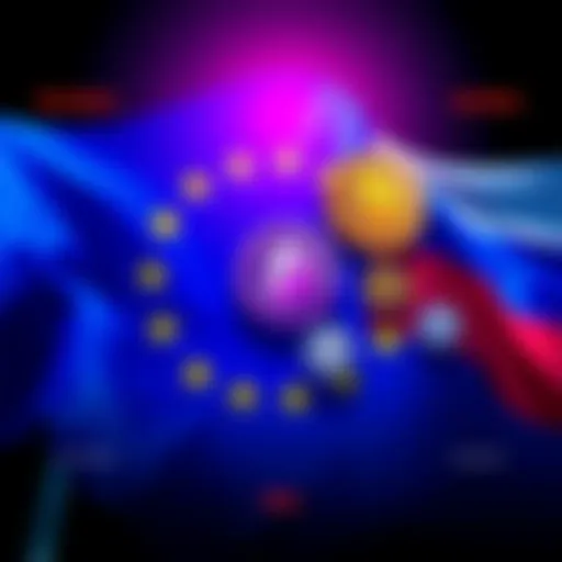 An illustration showing the European Union flag and symbols of cryptocurrency with a backdrop of a map of Russia, indicating new sanctions.