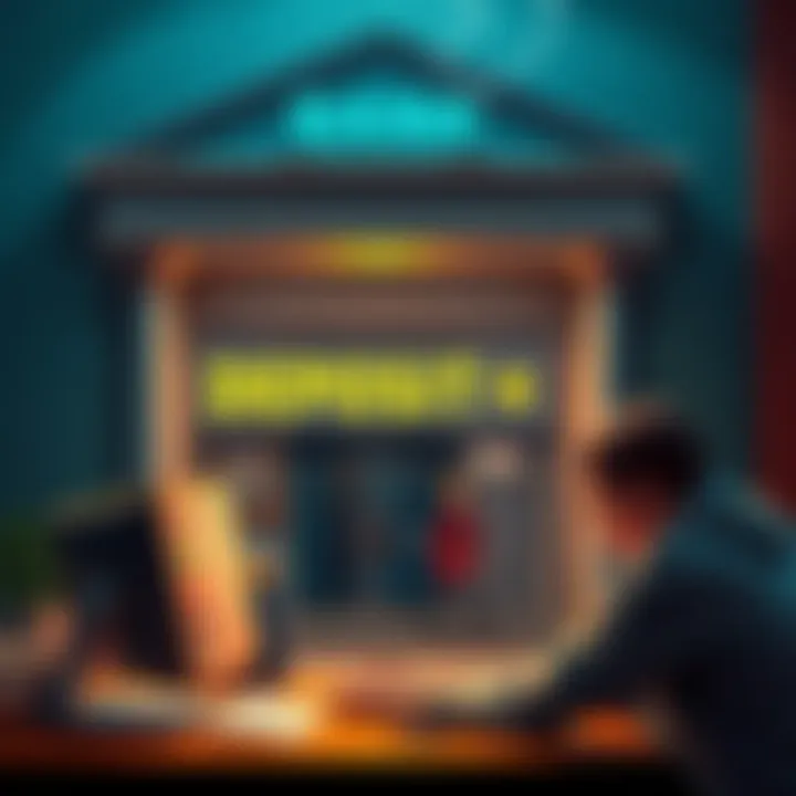 A visual representation of a bank with a sign indicating a deposit is being held, showing a frustrated person looking at their computer, highlighting the issue of a stuck EUR deposit.