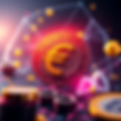 A digital representation of EUROD, a euro-backed stablecoin on the Polygon network, featuring euro symbols and blockchain elements.