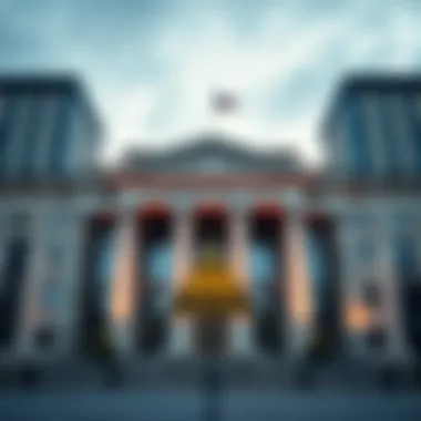 The European Central Bank building with a caution sign in front, indicating the halt on the euro stablecoin initiative due to risks to banking stability.