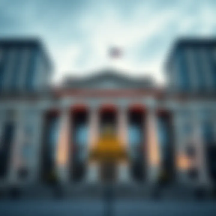 The European Central Bank building with a caution sign in front, indicating the halt on the euro stablecoin initiative due to risks to banking stability.