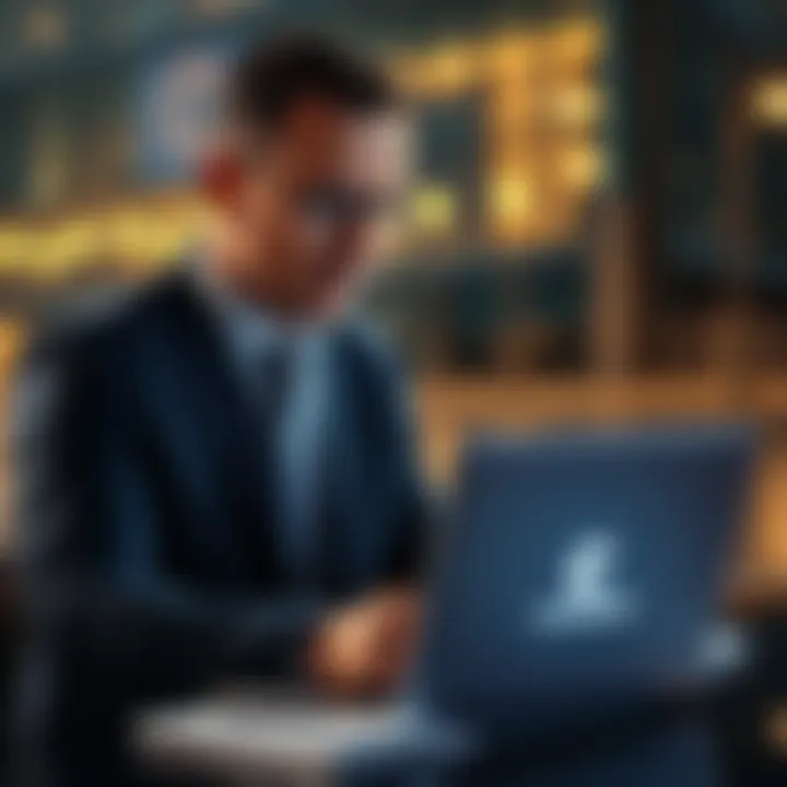 A European businessman looking at a laptop with the Coinbase logo, contemplating cryptocurrency trading for his business.