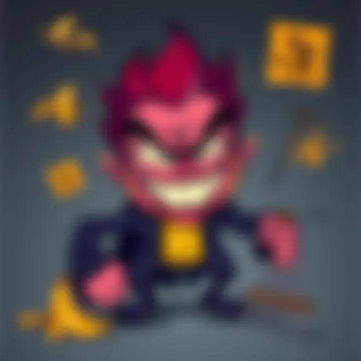 A cartoon character with an evil grin, surrounded by funny disaster scenarios like slipping on a banana peel and stepping on a rake, showcasing humor in mischief