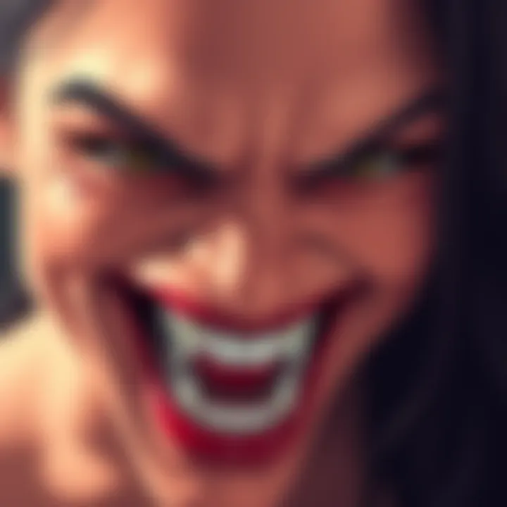 A close-up of a woman with a playful yet sinister grin, showcasing her sharp teeth and mischievous eyes, reflecting hidden thoughts and emotions.