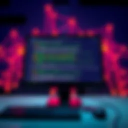 A computer screen displaying code for an e-voting smart contract with graphics of a test network in the background.