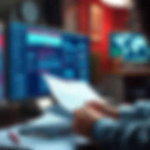 A person analyzing documents and a computer screen filled with facts and opinions about claims, highlighting the search for truth.