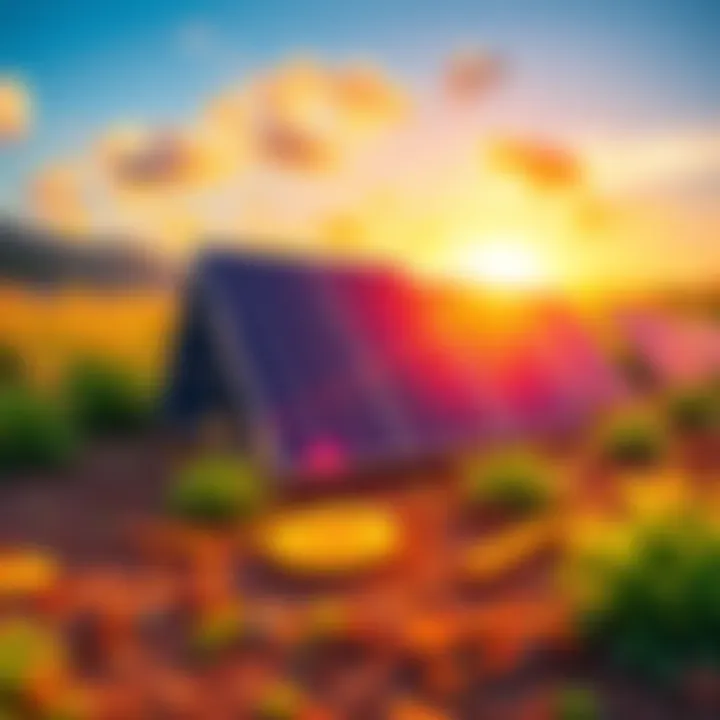 A sunny landscape with solar panels and Bitcoin symbols, representing the use of excess energy for cryptocurrency mining during summer months.
